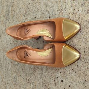 The Steinem | Tan with Gold Capped Toe | Leather D'Orsay Pump | John Fluevog